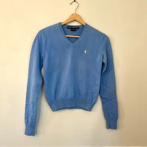 Ralph Lauren Sport Girl Kids Youth V-Neck Sweater Small Blue Pony Logo Preppy - Picture 1 of 6
