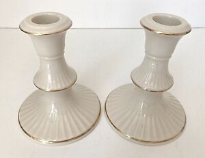 PAIR of (2) LENOX ILLUMINATIONS VERSAILLE FLUTED w/GOLD TRIM CANDLESTICK HOLDERS