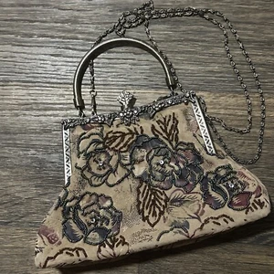 Vintage Purse Blue Crossbody Embellished Beads Rhinestones Brass Hardware Chain - Picture 1 of 24