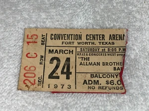 THE ALLMAN BROTHERS BAND 1973 KONZERT TICKET STUB FORT WORTH TEXAS Duane Gregg - Bild 1 von 3