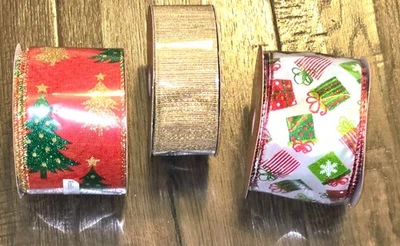 Christmas Ribbon 1 5" 2.5" Wired Edge Lot Gold Red Green Wire Edge Gift New - Image 1 of 4