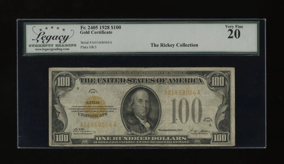 Certificado de oro DBR 1928 $100 Fr. 2405 Legacy VF-20 serie A01468004A Foto 1 de 2