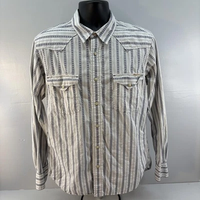 Lucky Brand Western Shirt Mens Medium White Blue Striped Pearl Snap Long Sleeve - Image 1 of 4