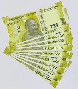 Very Rare 20 Rupee 000111-000999 Super Fancy Number 9 Notes UNC Set - Picture 1 of 2