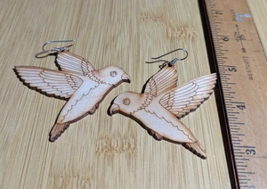 Unusual laser-etched lightweight wood large parakeet bird earrings 3" - Picture 1 of 2