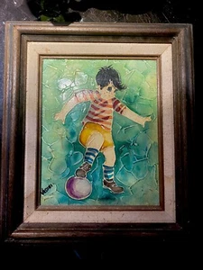 YOUNG BOY PLAYING BALL TEXTURED OIL ON CANVAS SIGNED VASSINI, MATTED & FRAMED - Picture 1 of 19