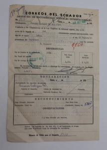 INTERNATIONAL POSTAL PARCEL DISPATCH RECEIPT 1959 POST OFFICE OF ECUADOR - Picture 1 of 3