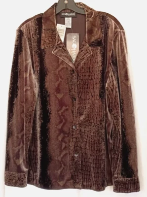 Sag Harbor Womens Blouse Size Medium Brown Snake Skin Print Velour Blazer  Shirt - Image 1 of 4