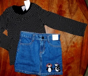 Jean Skirt Outfit 3pc TightsDot Black Top School Cotton Gymboree Girl size 4 New - Picture 1 of 2