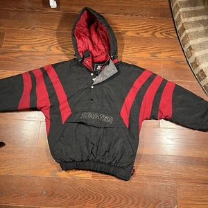 Vintage 90s Starter Big Logo Puffer Jacket Kangaroo Pocket Red Black Vtg Rare  - Picture 1 of 4