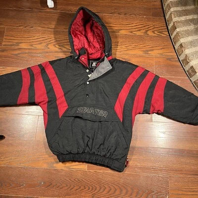 Vintage 90s Starter Big Logo Puffer Jacket Kangaroo Pocket Red Black Vtg Rare  - Image 1 of 4
