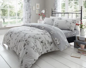Grey duvet set bedding quilt cover pillow cases blossom flowers country cottage - Picture 1 of 9