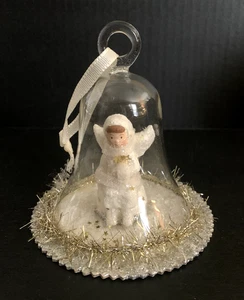Glas Cloche Glocke Diorama Weihnachtsschmuck Engel Schneeball Silber Gold Lametta - Bild 1 von 13