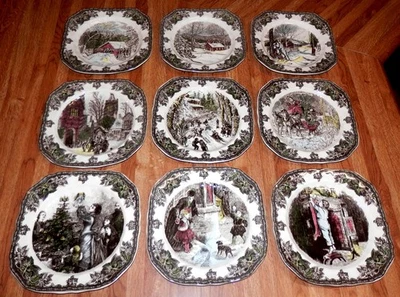 9 CONJUNTO Johnson Bros. Pratos Quadrados de Sobremesa de Natal, Meia Pendurada, Trenó de Papai Noel - Imagem 1 de 4