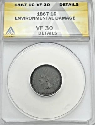 1867 Indian Head Cent Penny ANACS VF30 Graded Bronze Very Fine IHC USA 1C - Image 1 of 2
