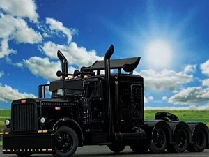 1/64 DCP BLACK OUT PETERBILT 389 TRI AXLE W/ 63" FLAT TOP SLEEPER & TURBO WING - Picture 1 of 6