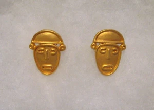 INCA Brand Pre Columbian Style Face Pierced Earrings 24K Gold Plated - Picture 1 of 5