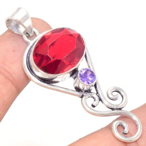 Bezaubernder Mosambik Granat mit Amethyst Edelstein 925 Sterling Silber Anhänger - Bild 1 von 3