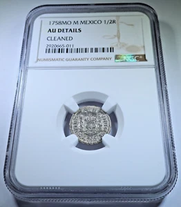 NGC AU 1758 Mexico Silver 1/2 Reales Spanish Colonial Genuine 1700's Pirate Coin - Picture 1 of 2