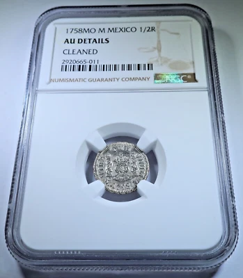 NGC AU 1758 Mexico Silver 1/2 Reales Spanish Colonial Genuine 1700's Pirate Coin - Image 1 of 2