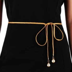 Boho Long Waist Rope Faux Pearl Pendant Women Braided Belt Beaded Fringe Black - Picture 1 of 10
