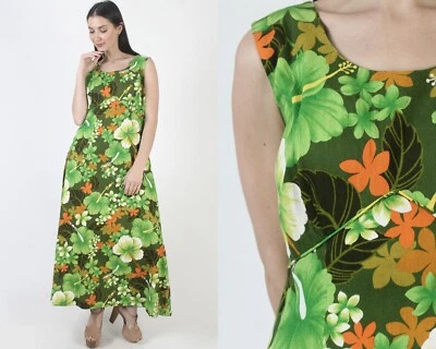 Vintage 60s Royal Hawaiian Tiki Dress Barkcloth Cotton Luau MuuMuu Luau Caftan - Image 1 of 4
