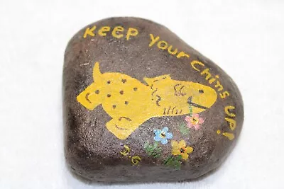 Vintage Pet Rock Painted Stone Dog Keep Your Chin Up Slogan Folk Art Americana - Image 1 of 4