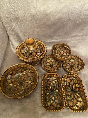 Vintage Moroccan Fez Pottery Ceramic Terracotta Hand Painted 9 Piece Set - Image 1 of 4