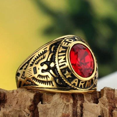 Hombres Militar Ejército de Estados Unidos Excedente Anillo Acero Inoxidable Piedra Roja Banda Punk Foto 1 de 4