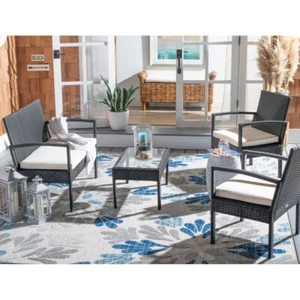 SAFAVIEH Outdoor Collection Bassey 4-Piece Patio Set | Black / Light Grey | - Picture 1 of 8