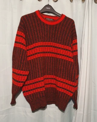 Vintage Jaeger Patterned Jumper Mens M Size 38 Red Striped Wool 80s Pullover - Image 1 of 4