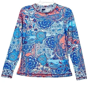 Aqua Et Sol Swim Top Rash Guard Blue Paisley Floral Print Long Sleeve Sz L - Picture 1 of 11