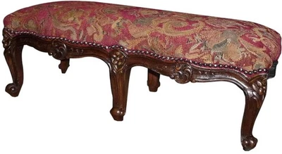Ornate French Country Footstool – Carved Walnut and Red Upholstery - Image 1 of 2