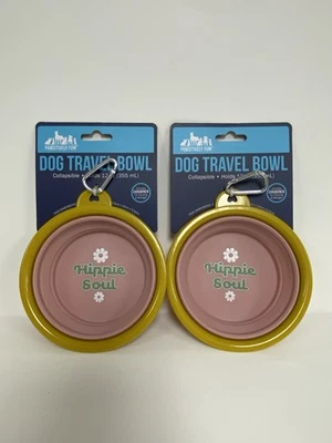 2 Collapsible TRAVEL WATER BOWL / PET FOOD DISH Dog or Cat w Clip “Hippie Soul” - Image 1 of 4