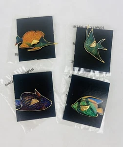 Broche prendedor vintage de 4 piezas peces tropicales cloisonné esmaltado tono dorado Taiwán sin usar - Imagen 1 de 11