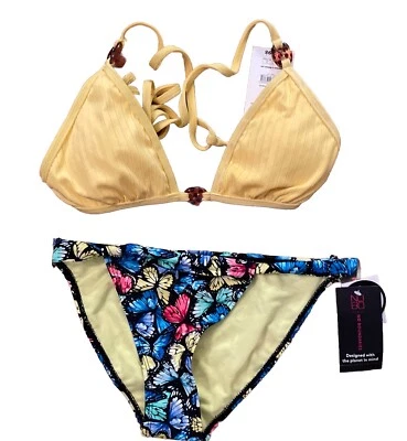 No Boundaries NOBO Yellow Bikini Top and Black Butterfly Bottoms Junior Size M - Image 1 of 4