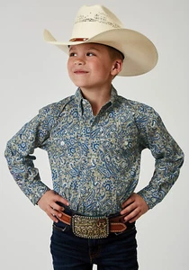 Roper Kids Boys 1933 Delft Paisley Blue 100% Cotton Btn L/S Shirt - Picture 1 of 4