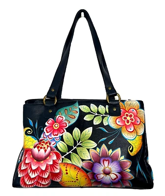 Bolsa tote de couro pintada à mão Anuschka vários compartimentos com acessórios - buquê retrô - Imagem 1 de 4