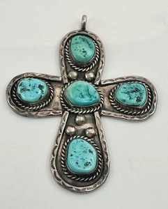 Vtg LARGE Native American Sterling Silver Blue Turquoise Cable Cross Pendant FZZ - Picture 1 of 3