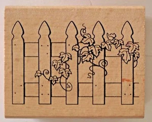 Wooden Mounted Rubber Stamp Picket Fence with Ivy by Greenbrier Int. 3" x 2 3/4" - Picture 1 of 2