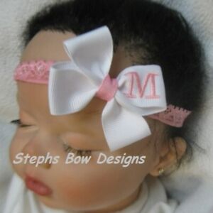 White w/ Pink Monogram Dainty Hair Bow Headband Personalized Preemie to Toddler