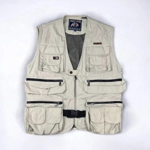 VTG Mens Utility Vest Beige Full Zip Pockets S Hunting Fishing Outdoor Workwear - Picture 1 of 11