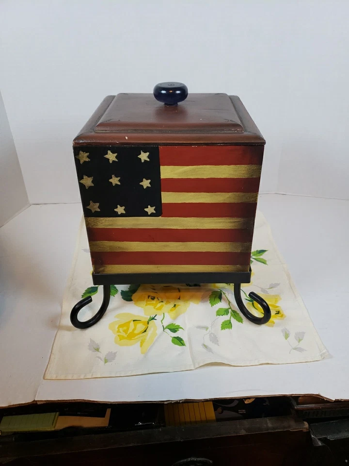 WOODEN LIDDED PATRIOTIC BOX WITH Cast Iron Stand. Match Box Fire Place Storage - Image 1 of 4