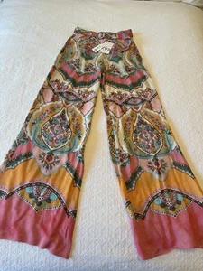 ZARA Woman Small Palazzo Pants Boho Print High Waisted Wide Leg Spring Pink NWT - Picture 1 of 24
