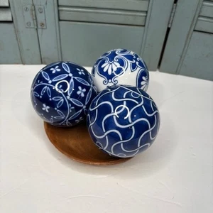 Three Blue & White Ceramic Carpet Ball Decor Pieces - Picture 1 of 5