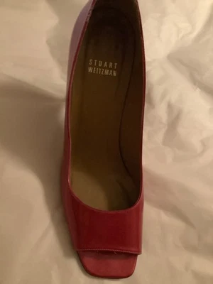 EXCELLENT COND Stuart Weitzman Raspberry Patent Leather Peep Toe Heels - 8.5 - Image 1 of 4