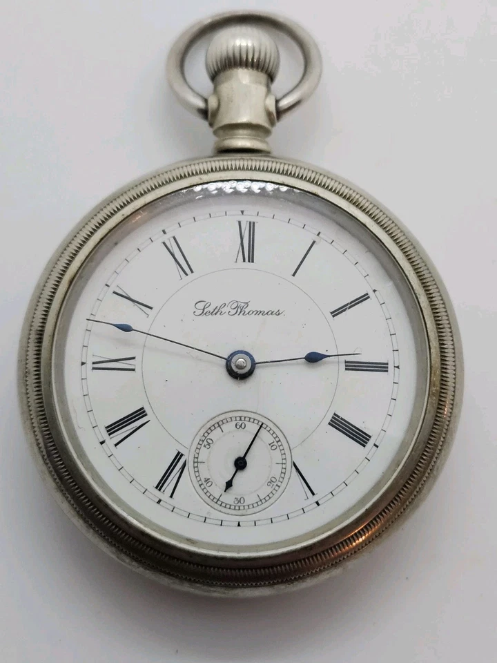 Antique Working 1893 SETH THOMAS Gents Victorian Nickel Silver Pocket Watch 18s - Image 1 of 4
