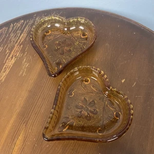Vtg MINT Indiana Glass Tiara Amber Heart Shaped Trinket Dish 3 1/2” Set Of 2 - Picture 1 of 7