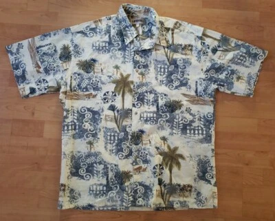 Campia Moda Cotton Shirt Size Large Button Up Hawaiian Scenes Palm Tree & Boats  - Image 1 of 4