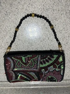 Fully Beaded Sequin Satin Clutch Zip close Evening Bag Purse 8x5” W/ Bead Strap - Picture 1 of 6